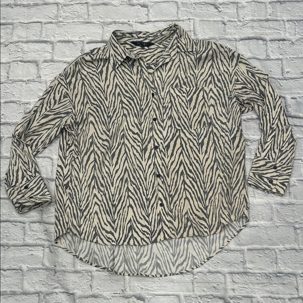 RACHEL Rachel Roy Gray and Cream Animal Print Shirt